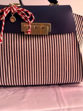 Zac Posen. Striped Navy and Cream Top-Handle Women's Bag